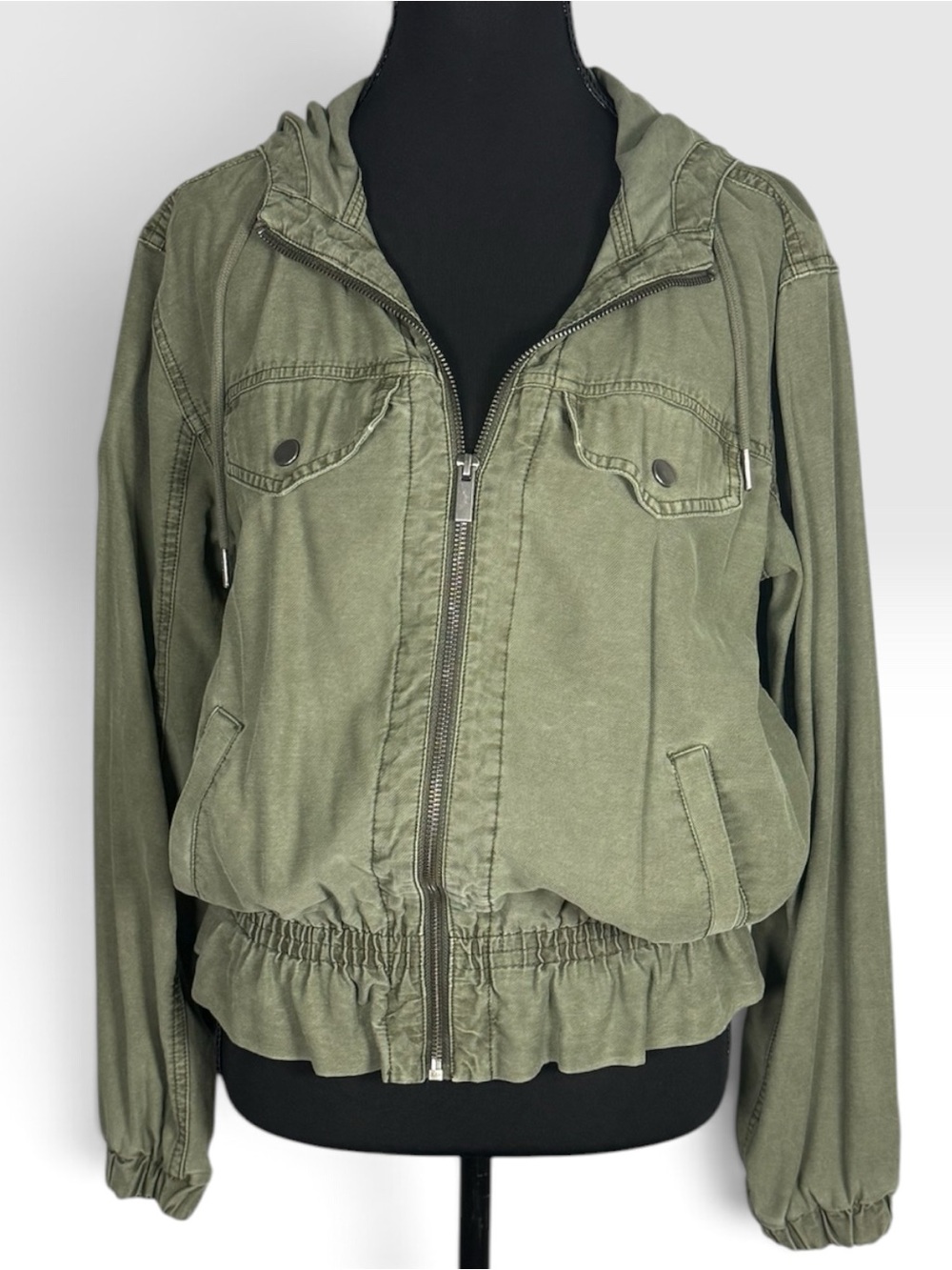 Maurices Olive Green Hooded Utility Jacket Ruffle Hem XS